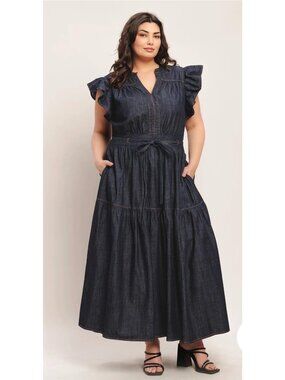 Flying Tomato Goddess Dark Indigo Women’s Denim Flutter Tiered Dress Size 2X